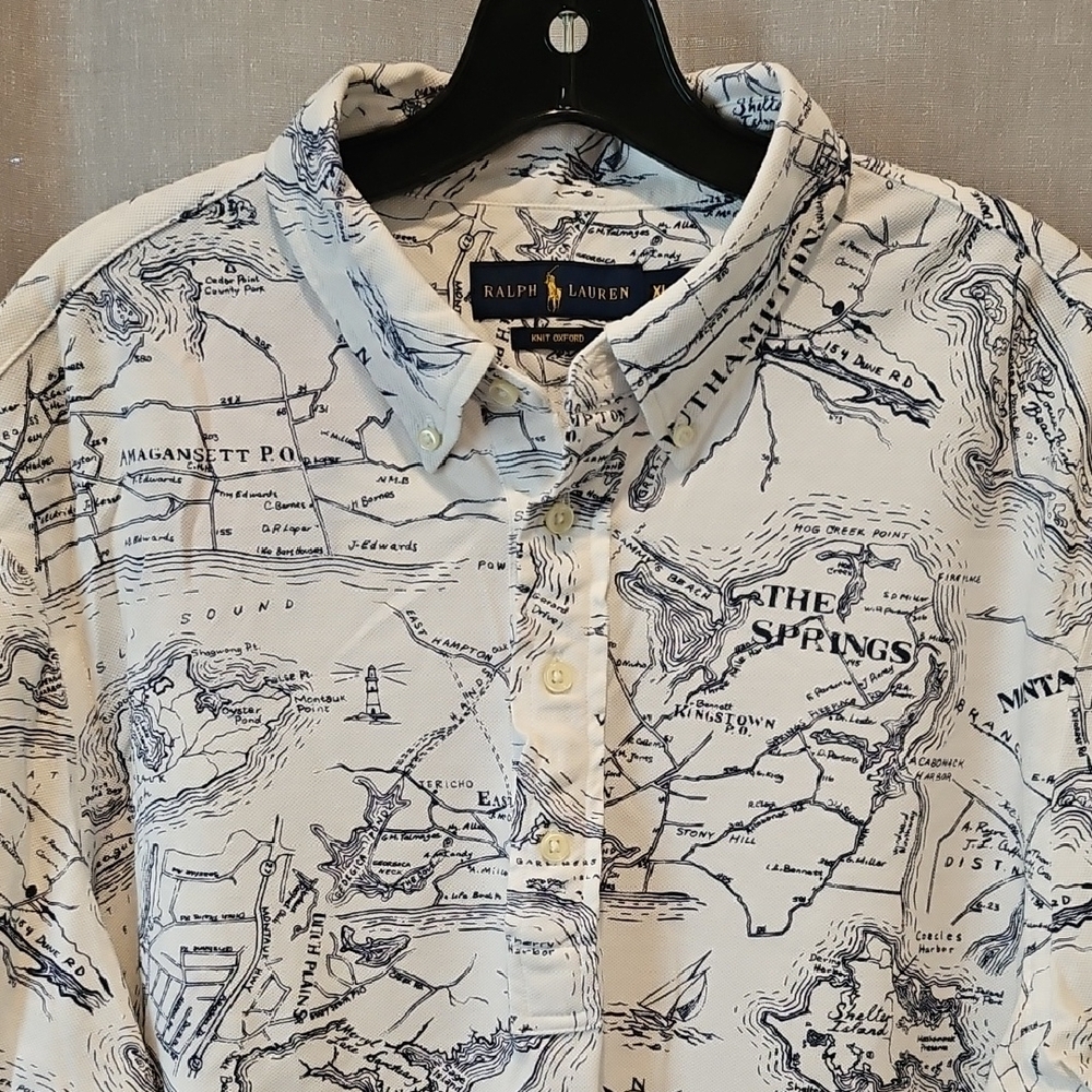 Ralph Lauren Mens Blue Label Knit Oxford Short Sleeve Map Print Polo Shirt - Picture 2 of 16